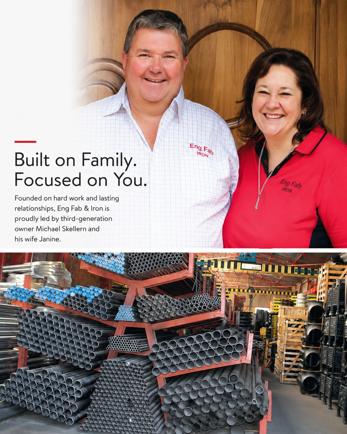 Michael and Janine Skellern with Engineering Fabricators warehouse stock